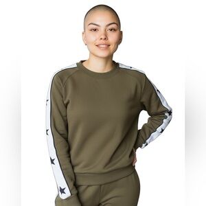 ELLANDEMM Crewneck Sweatshirt White Stripes Black Star Sleeve Detail Olive Green